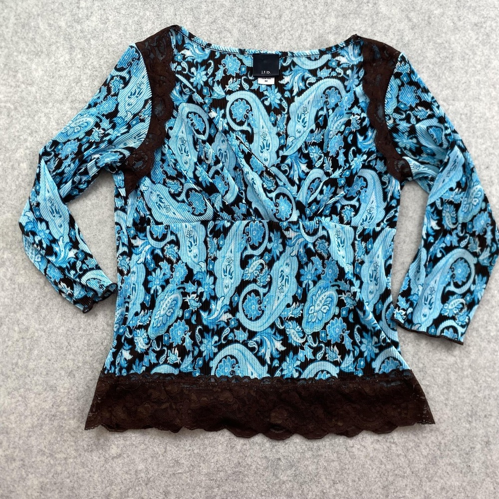 j.t.b. Blouse Juniors M Blue Paisley Lace V Neck 3/4 Sleeve Top 9-903-34430